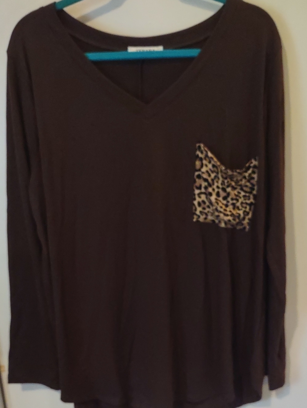 Zenana Outfitters Brown V-Neck Long Sleeve Top with Leopard Pocket Accent